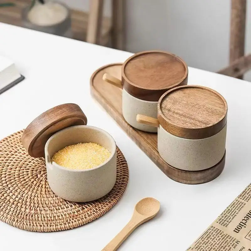Ceramic Seasoning Jar Retro Japanese Style Home Kitchen Salt Chili Sugar Jar Oil Pot Wooden Lid Spice Kitchen Utensils Modern