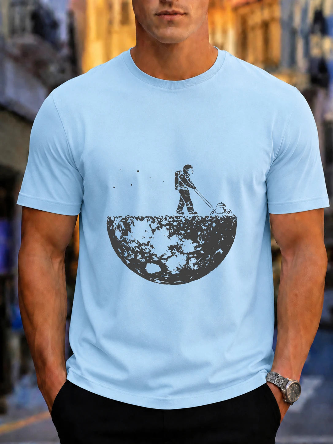 Men's Astronaut Mowing on the Moon Print Cotton T-Shirt - Casual