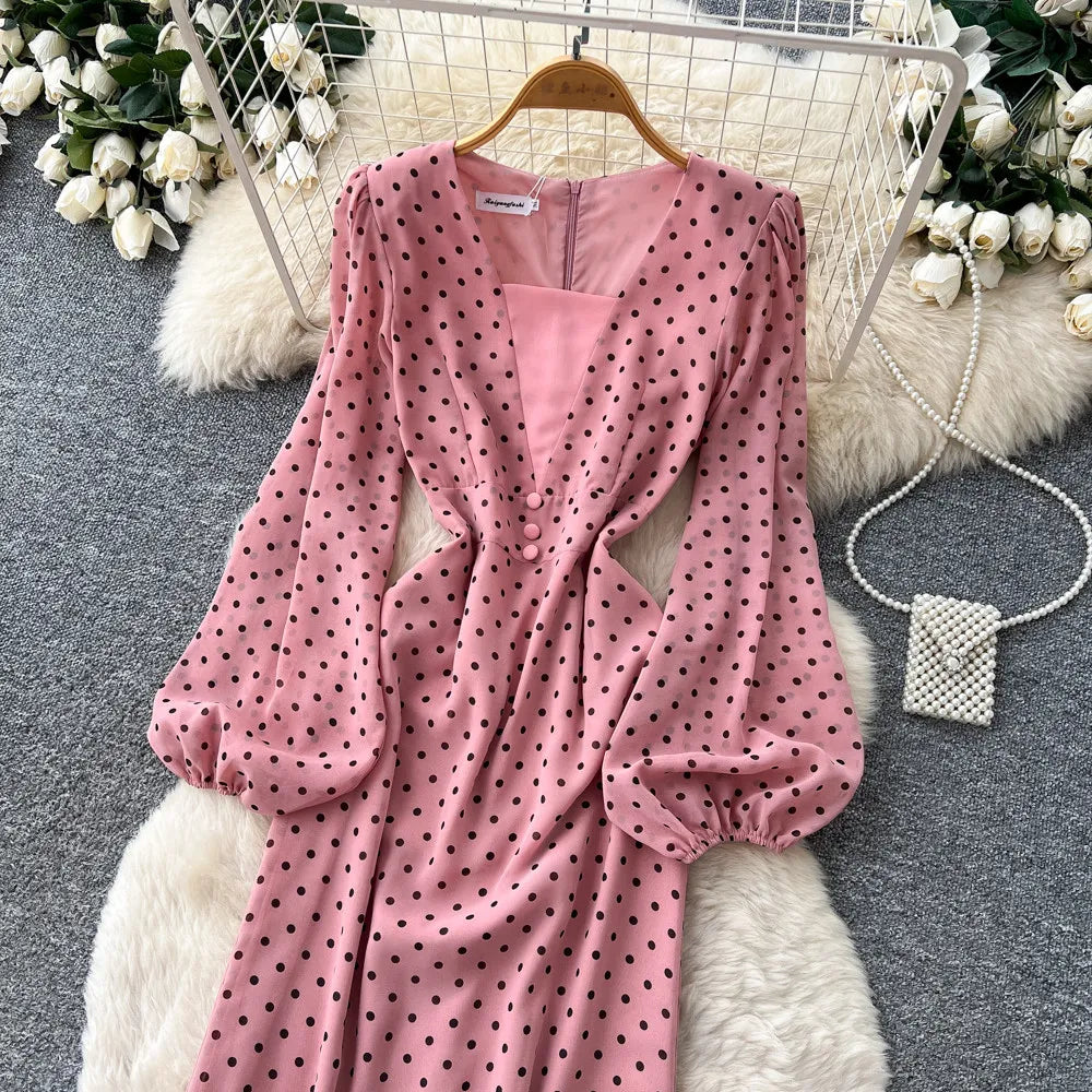 Long Dress Women Dresses Print Dot Vestidos Y2k Streetwear V Neck Lantern Sleeve Tight Waist Elegant Party Work 2026 Summer