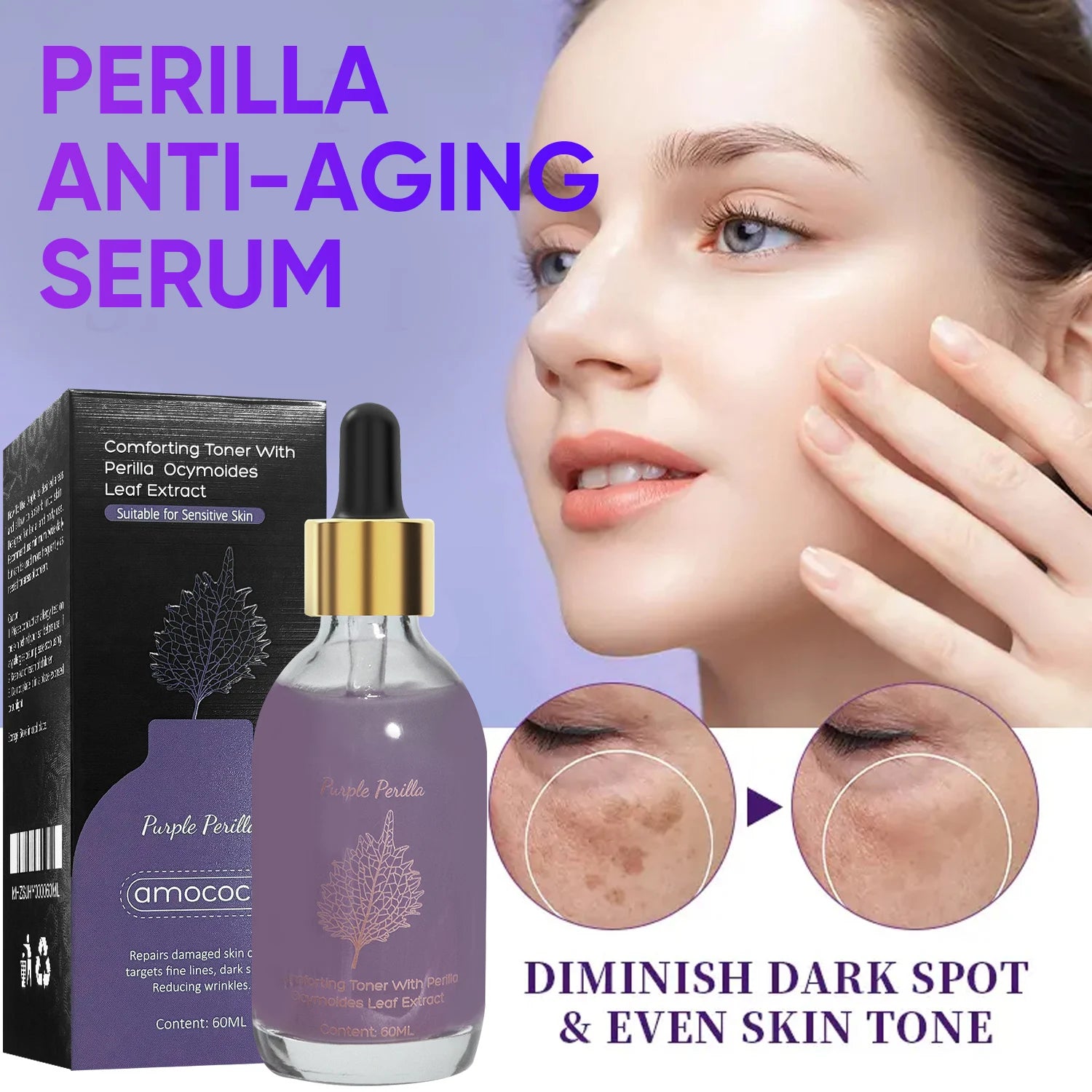 Amococo 2pcs Purple Perilla Calming Toner 60ml Each Soothing Essence for Sensitive Skin Helps Reduce Fine Lines Even Skin Tone K-Beauty