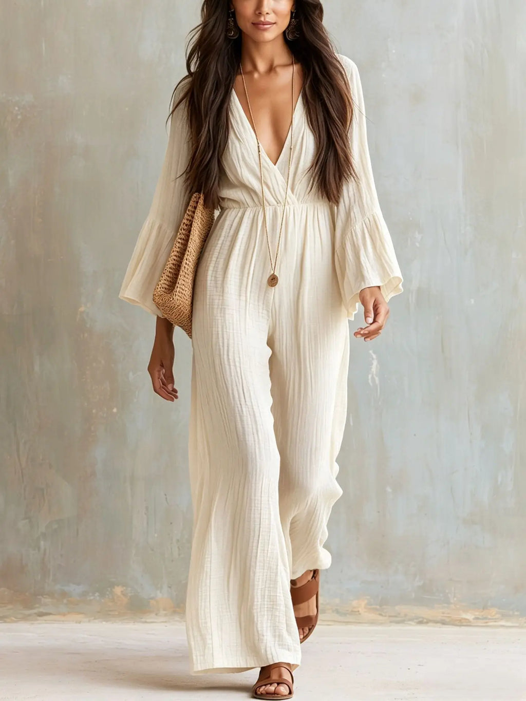 Elegant Women Flare Sleeve Jumpsuit Deep V Neck High Waist Wide Leg Casual Daily Party One Piece Romper