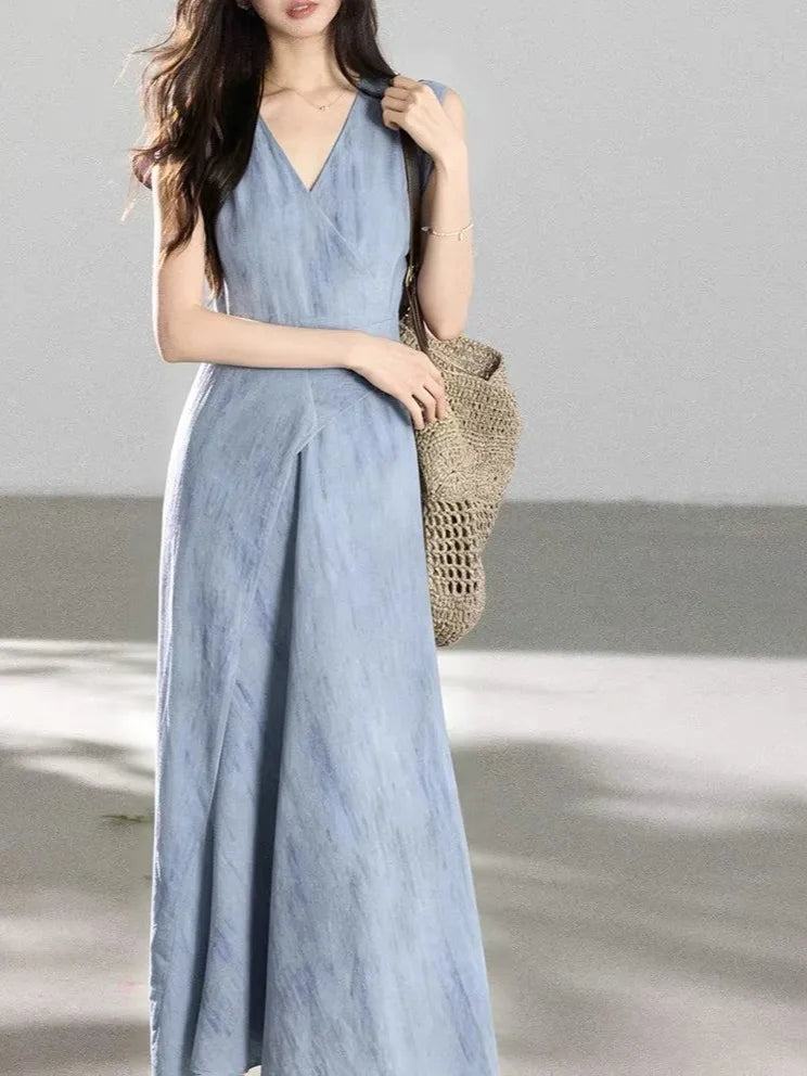 Purple Gradient V-neck Short-sleeved Uneven Hem Dress High Waist Crossed Belt Design Polyester Casual Long Dress