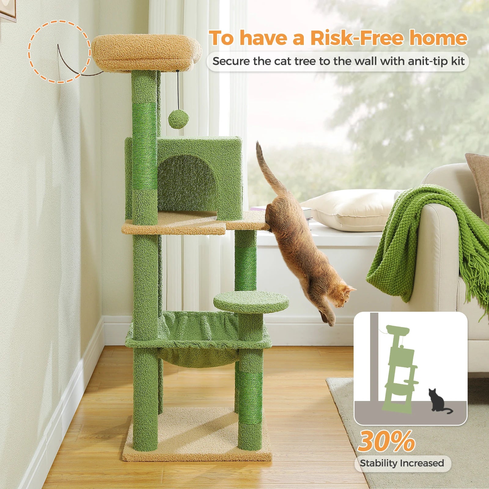 Cactus Cat Tree Tower for Large Cats with Metal Plush Big Hammock for Indoor Cats with 2 Door Condo House with Large Top Perch