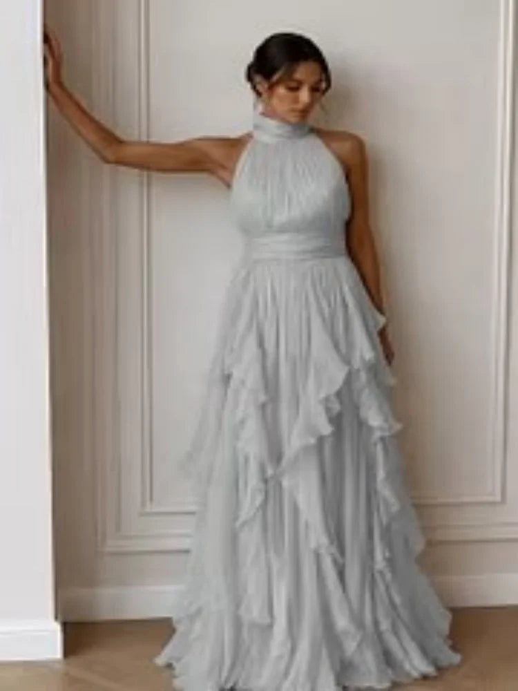 Women Mock Neck Sleeveless Tiered Ruffle Maxi Dress Draped Flowy Long Gown Formal Wedding Guest Evening Party Dresses