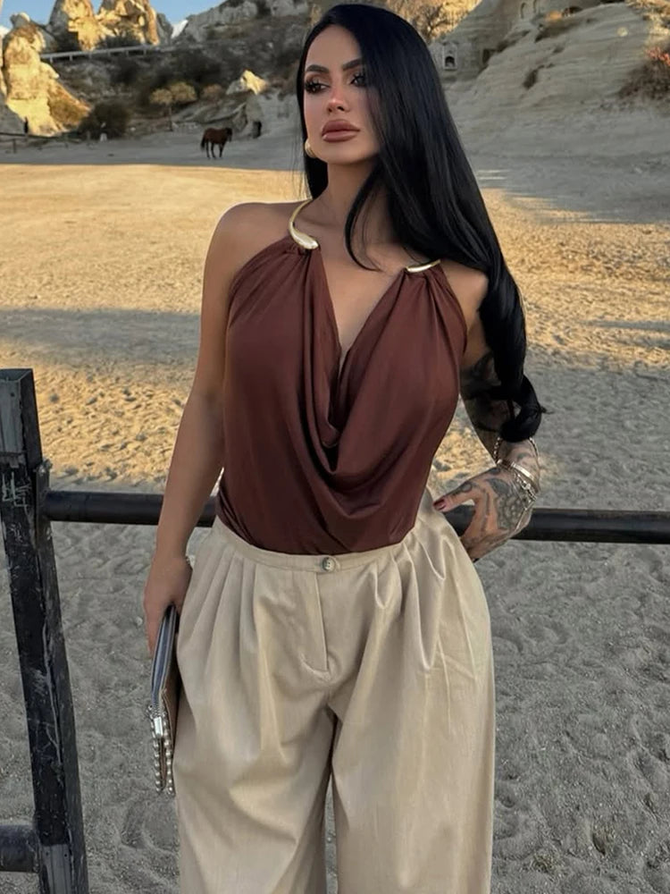 Weird Puss Metal Snake Halter Camisole Women Swing Collar Elegant Backless Summer Trend Beach Vacation Party Clubwear Tank Tops