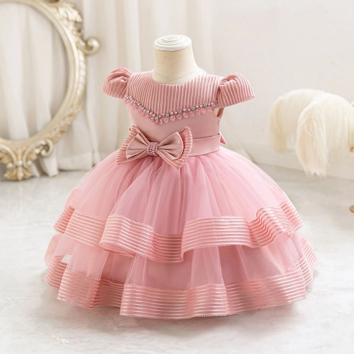 HETISO Striped Wedding Party Dress for Girls Baby Christmas Holiday Layered Gown Toddler Kids Beaded Clothing 6M-4 Years