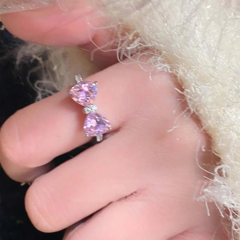 New Arrived Romantic Lovely Pink Bowknot Design Female Exquisite Jewelry Ring with Micro Bow Tie Zircon for Party and Dating