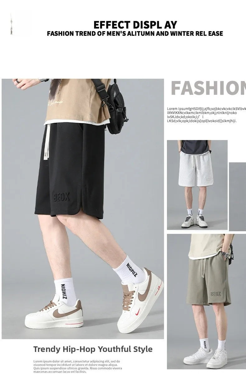 American Style Men's Summer Thin Sporty Loose Fit Casual Shorts Five-Quarter Polyester Fiber Straight Leg Street Style