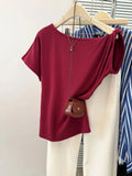 Korean Style Slim Fit Short Sleeve T-Shirt Women's Summer Shoulder Bared Base Shirt Inner Wear Trendy Asymmetrical Design Cot...