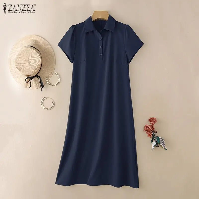 ZANZEA Women's Casual Midi Shirt Dress - Short Sleeve A-Line Solid