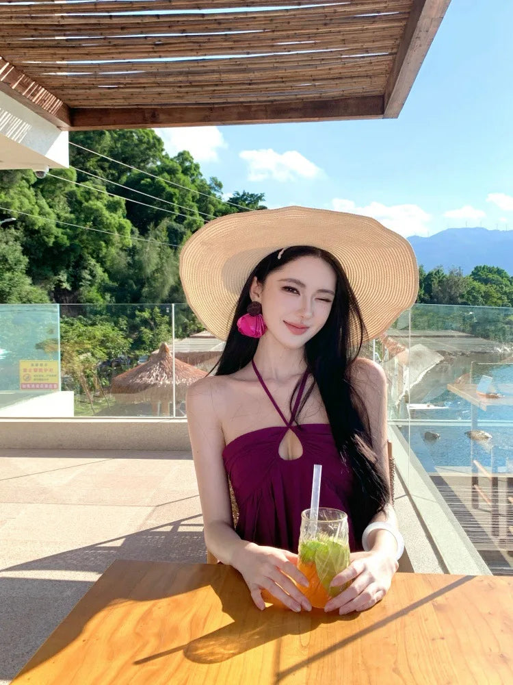 Purple Beach Vacation Photography Dress Women's Sleeveless Gown Luxury Design Sensation Halter Neck Chiffon Long Skirt