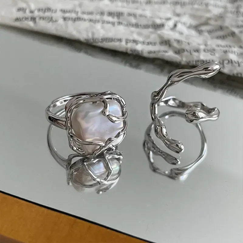 New Irregular Opening Pearl Ring Two-Piece Set For Women'S Fashionable Personalized Daily Accessory Jewelry Birthday Gifts