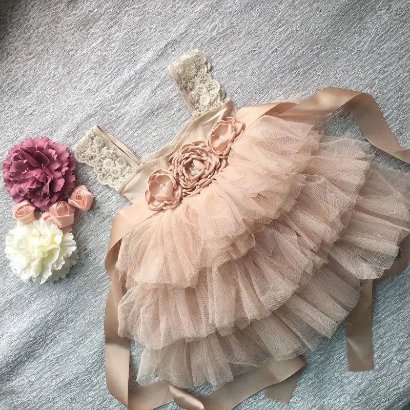 Flower Girl Lace Tulle Dress Elegant Princess Weddings Birthday Party Costumes for 3m To 7y Girls Baptism Festival Ball Gown