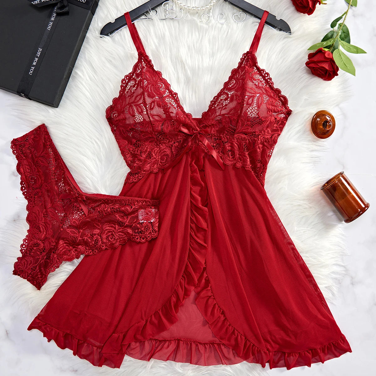 Women's Lace Nightdress Sleepwear Solid Slim Soft V Neck Full Slip Dress