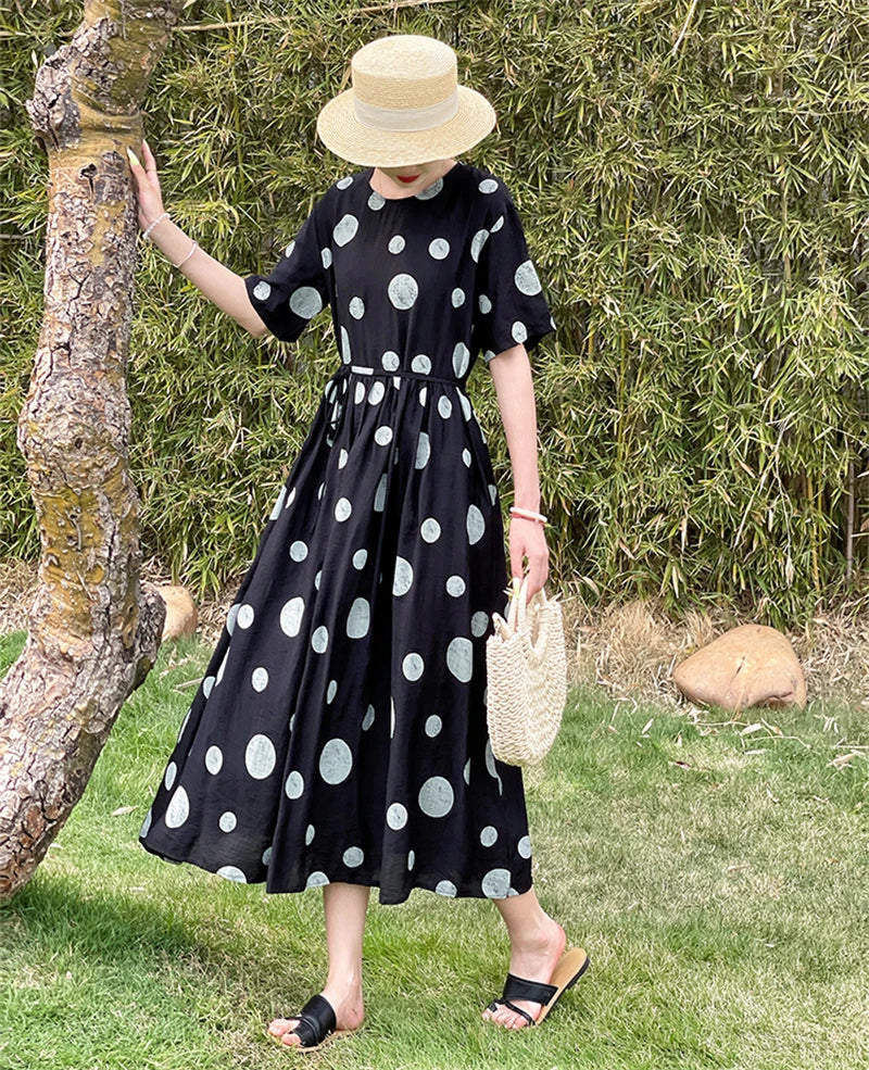 Summer Cotton Vintage Casual Loose Black Dresses For Women Short Sleeve Polka Dot Dress Femme Robe Vestidos Elegant Long Clothes