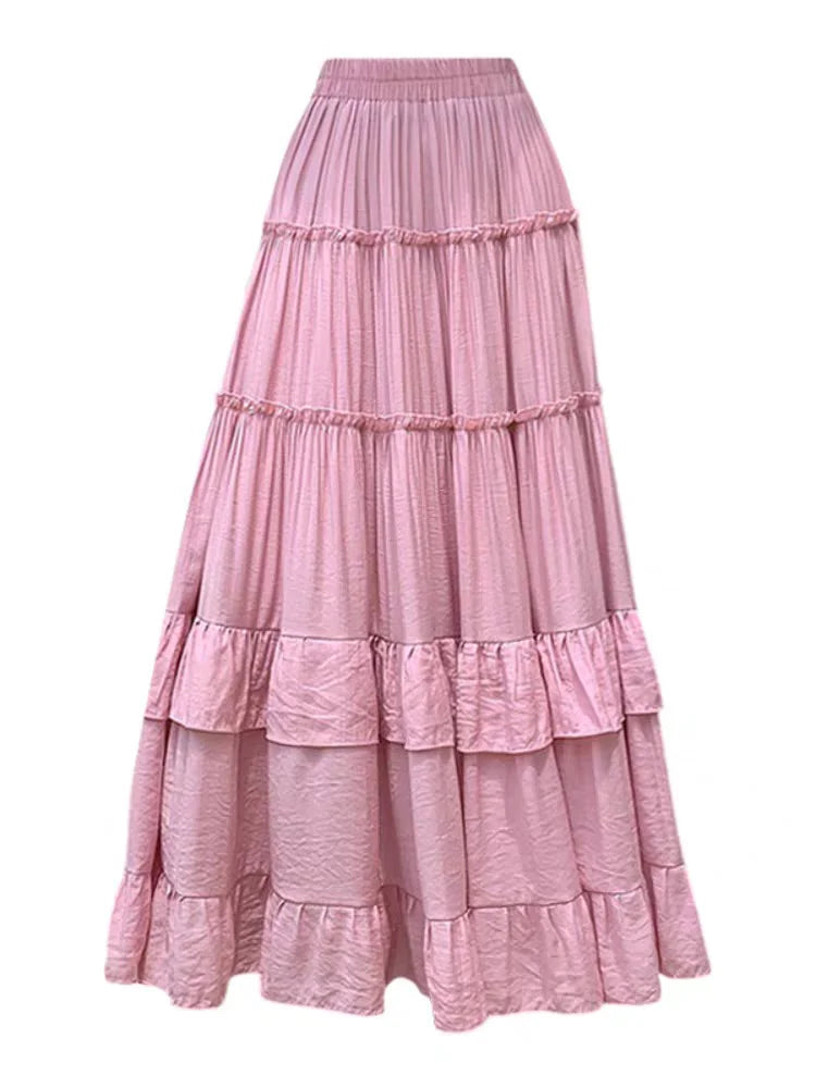White Tiered Ruffle Hem Skirt 2025 - High Waist Flowy A-Line Maxi Skirt, Summer Chiffon Layered Skirt with Pleats