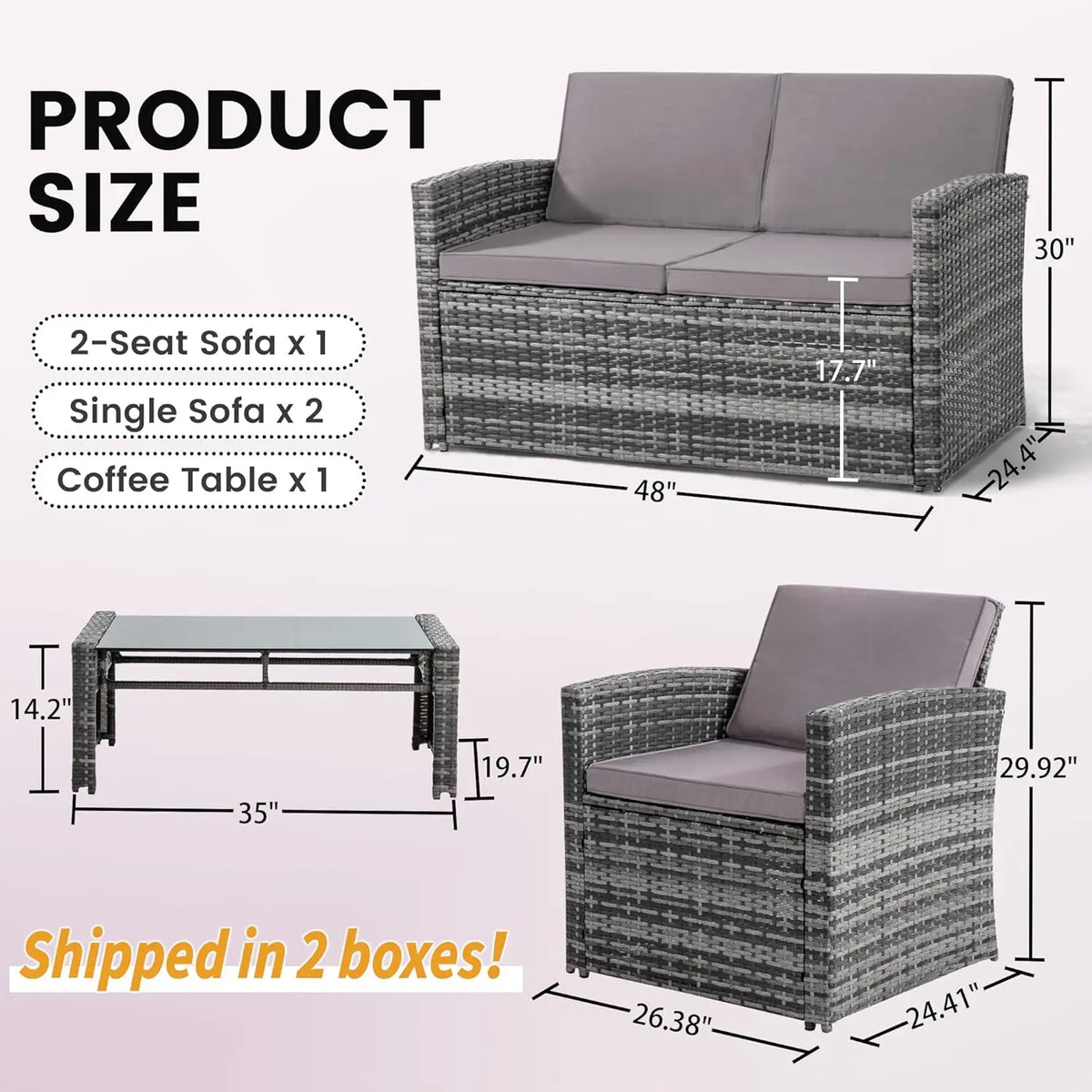 4-Piece Patio Furniture Set, Wicker Outdoor Rattan Sectional Sofa with Cushions and Glass Table, All-Weather Outdoor Conversatio