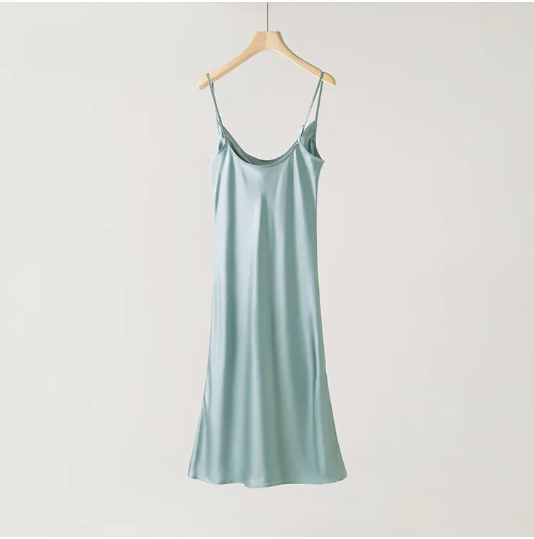 Women's Summer New Style French 100% Natural Mulberry Silk Plain Satin Swing Collar Temperament Camisole Slim Fit Party Dress