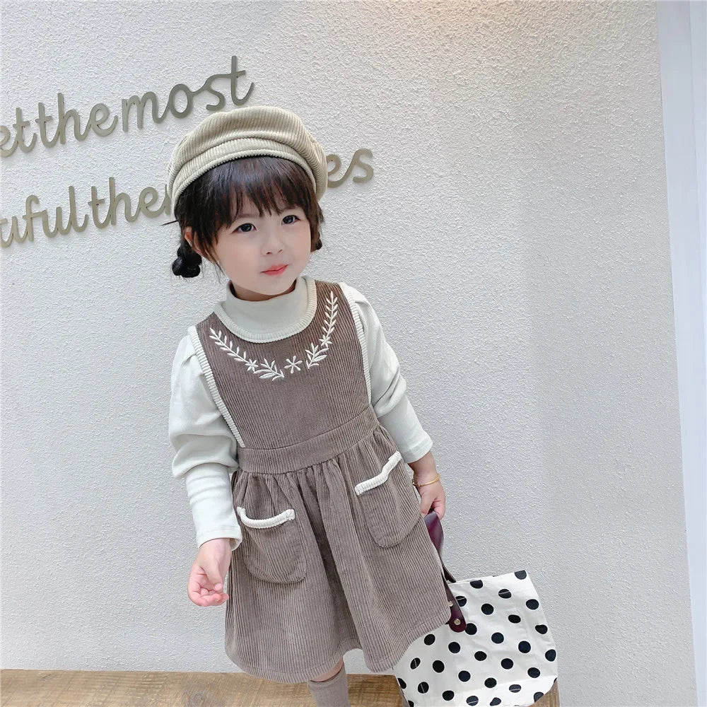 2025 Vinatge Baby Corduroy Sleeveless Dress Little Girls Sundress and Long Sleeve Tops Autumn Winter  Two Piece Set Children