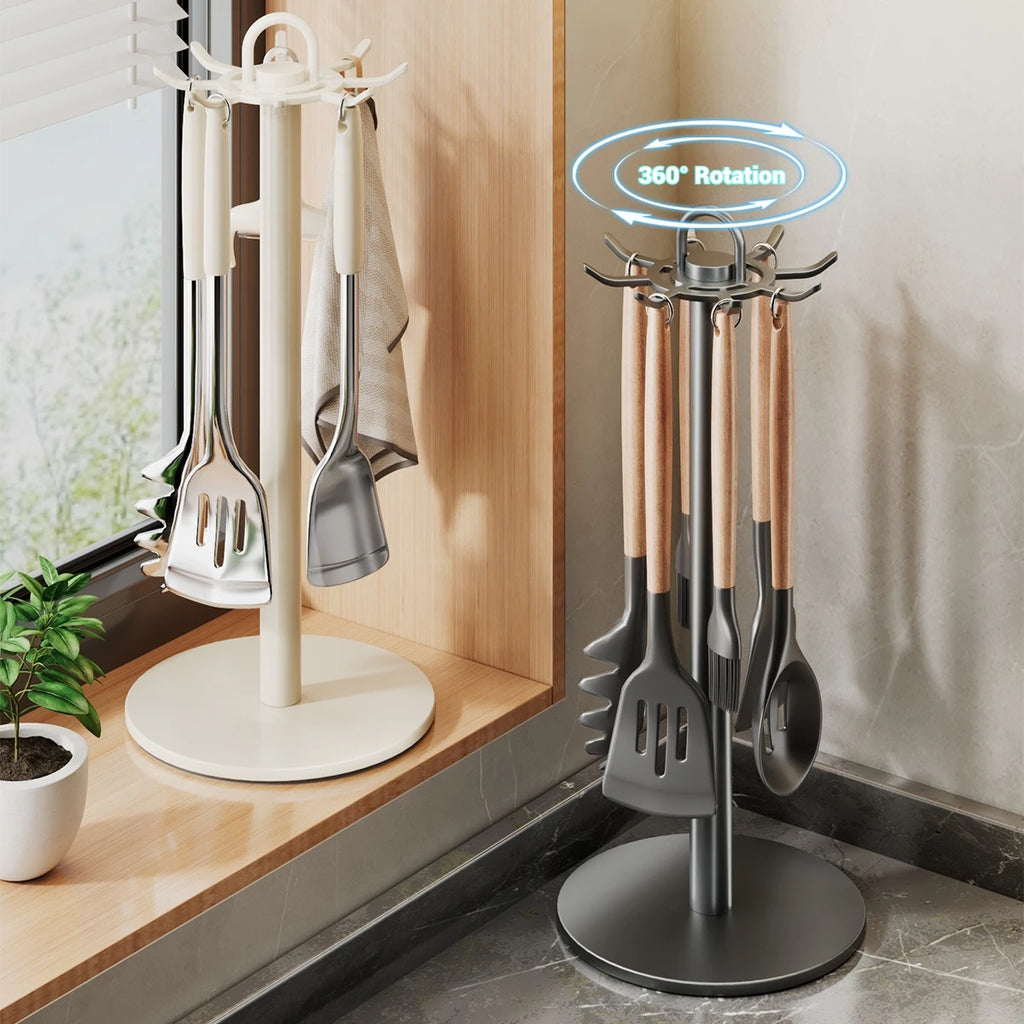 Soporte para utensilios de cocina: colgador de almacenamiento giratorio con 8 ganchos, para organización de encimeras, soporte giratorio para utensilios de cocina