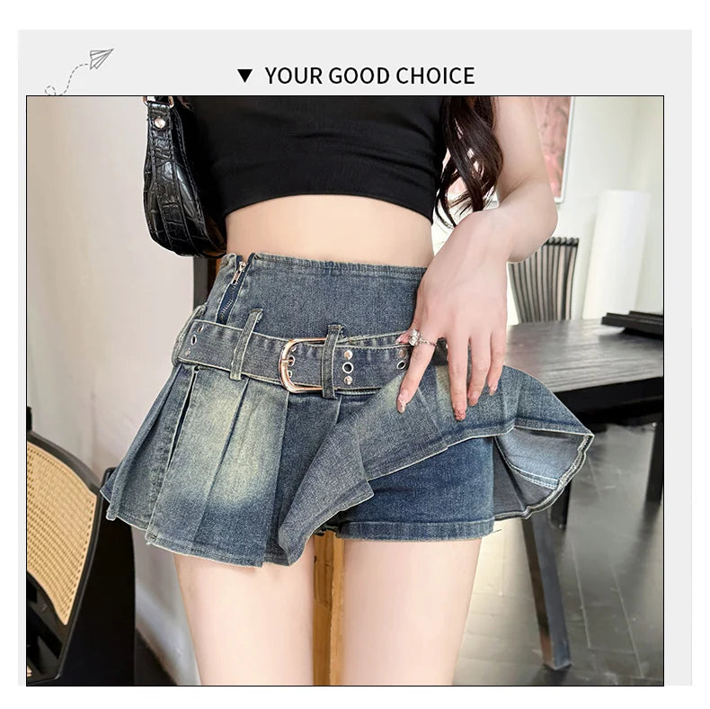 High Waist A-Line  Skirt Women's Denim Pleated Half Body Summer New Style Comfortable Soft Korean Version City Commute