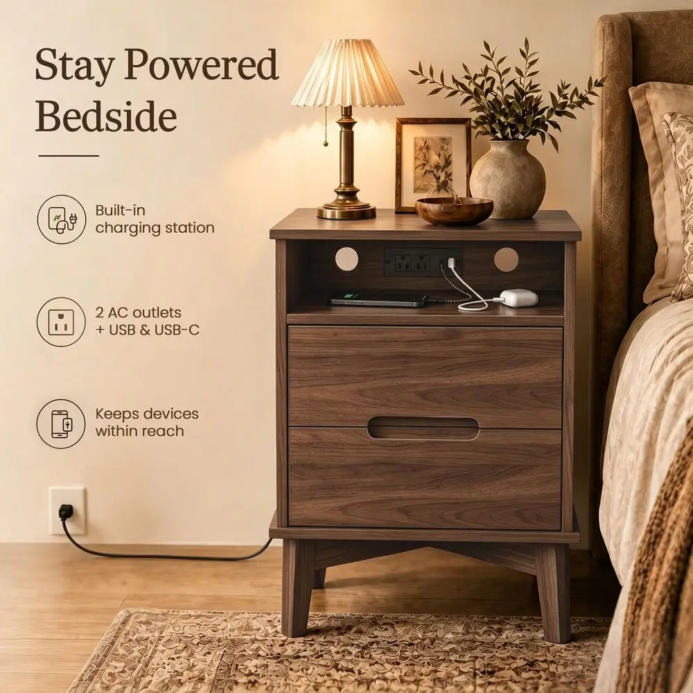 Tall Wood Nightstand Set of 2 with Charging Station amp USBC, Mid Century Modern Bedside Table with Solid Wood Legs, Walnut Fin