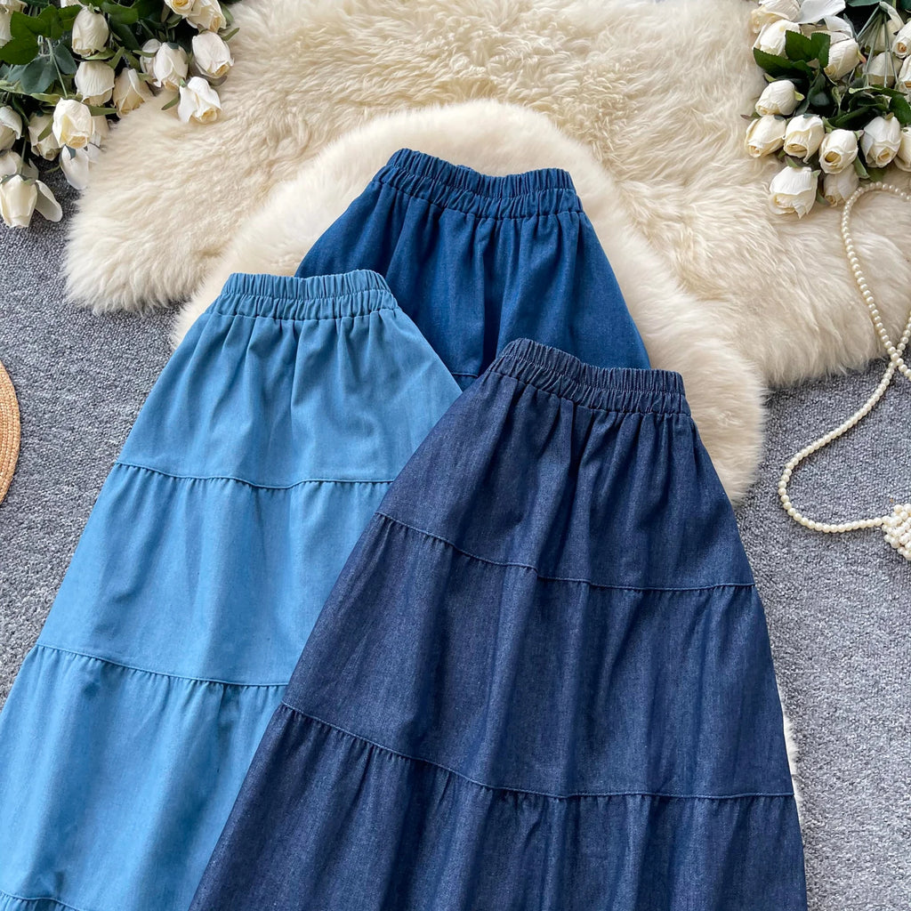 Korean Style A-Line  Skirt Women's Summer Slimming Elastic Waist Denim Patchwork Skirts City Commute Universal Long Skirts