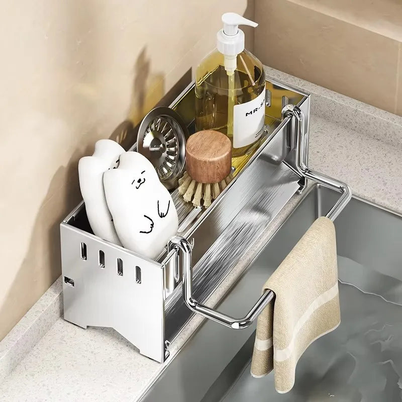 Estante de Esponja de Acero Inoxidable para Cocina, Estante de Drenaje para Trapos de Fregadero Doméstico, Estante de Almacenamiento Multifuncional para Estropajos y Bolas de Acero