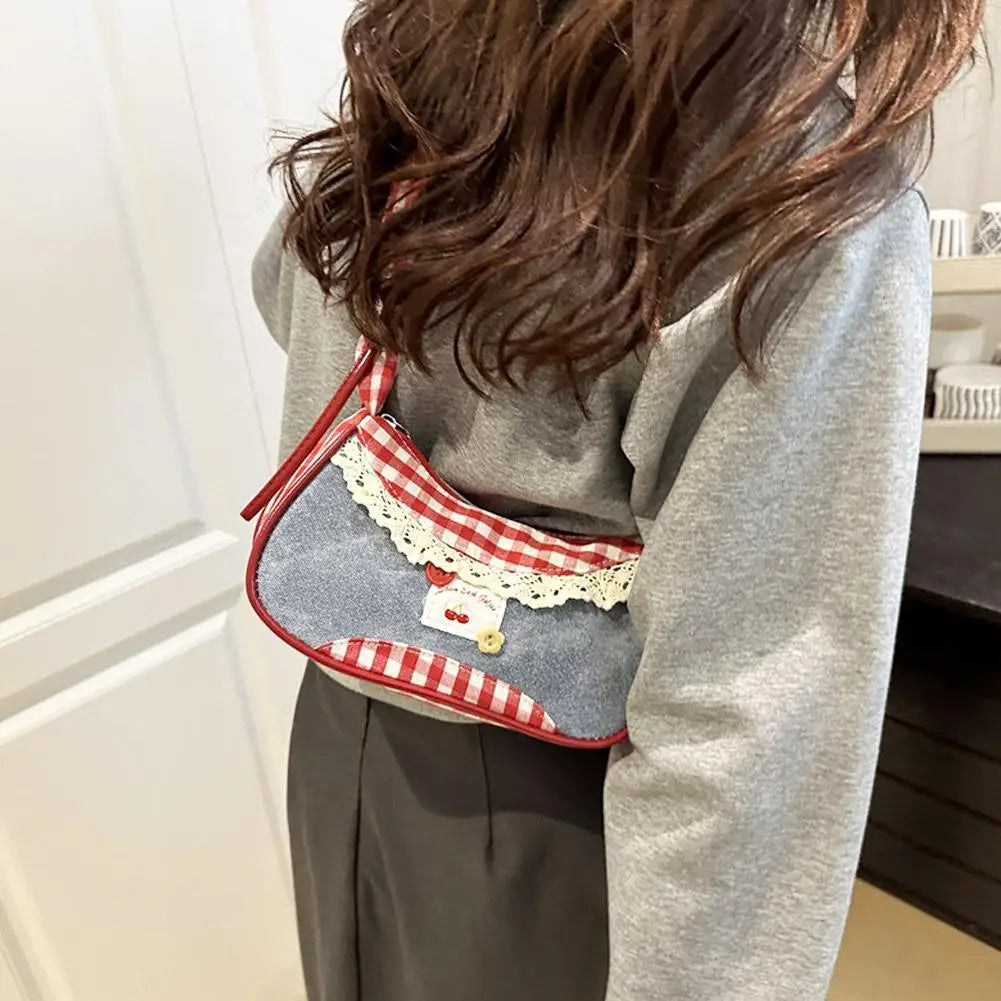 Fashion Grid Women Bag Lace Ribbon Stretchable Shoulder Strap Single Shoulder Underarm Bag Daily Commuting Student Handbag