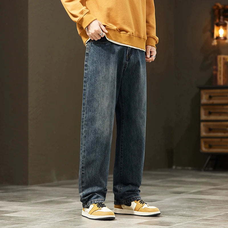 Winter Jeans Warm Fleece Thick Men's Wide Legs Denim Pants Fashion Loose Straight Retro Plush Velvet Casual Trousers Streetwear