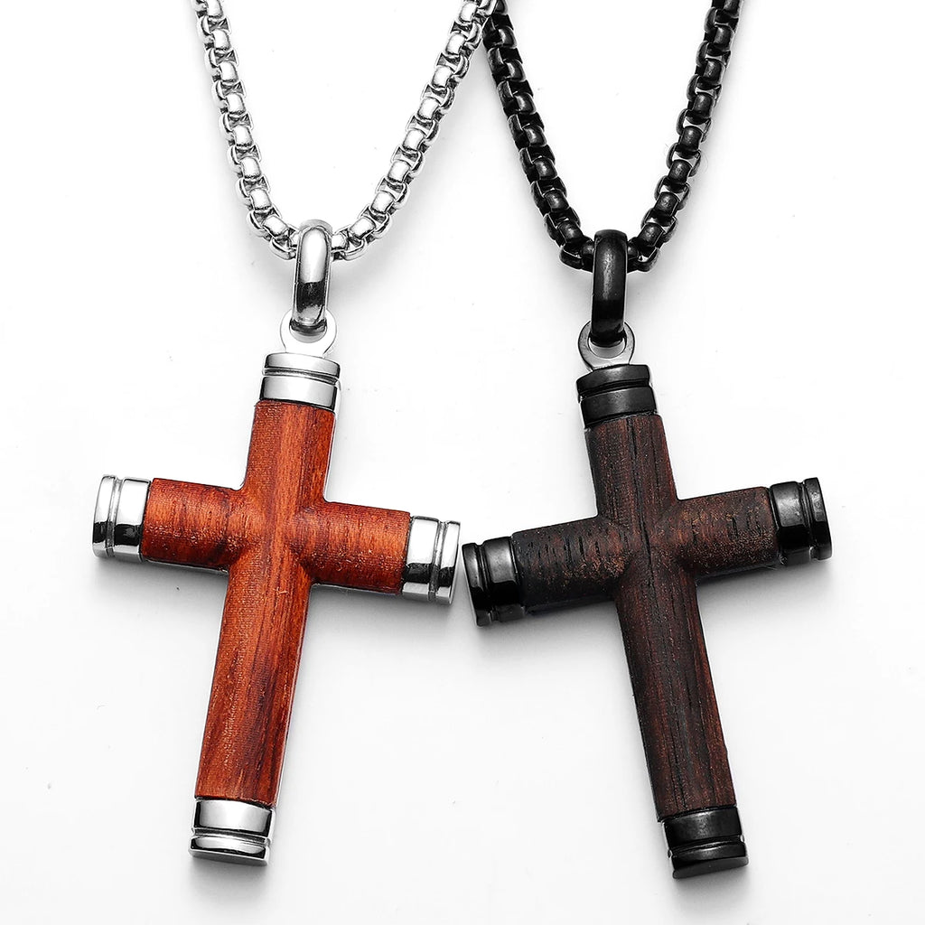 Wood Cross Exorcism Amulet Stainless Steel Men Necklaces Pendant Chain Punk For Women Fashion Jewelry Gift Wholesale Dropshiping
