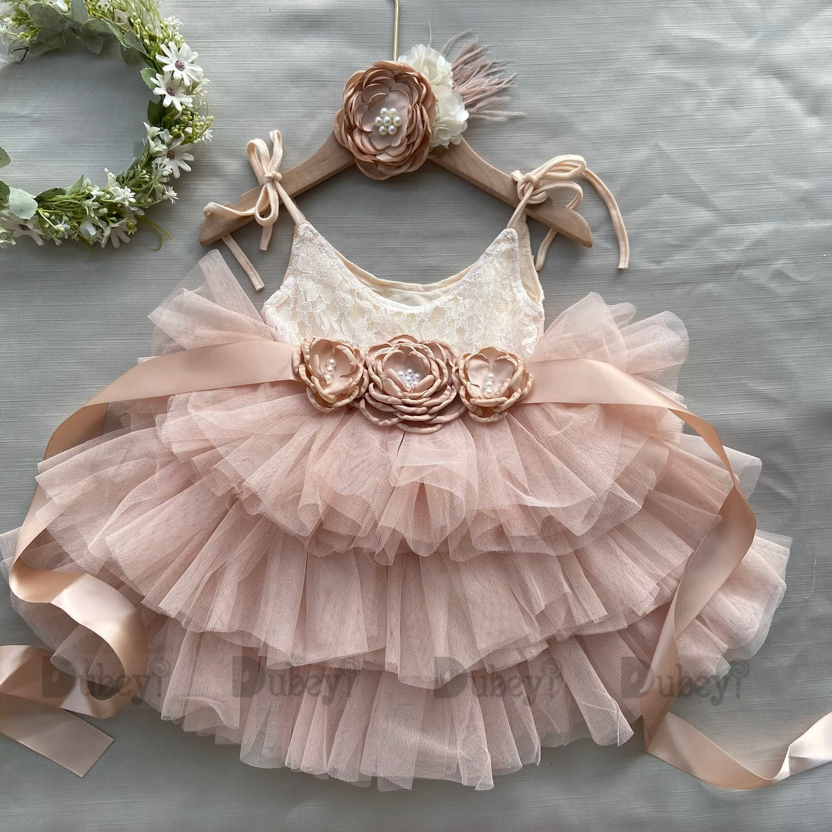 Toddler Baby Girls 1st Birthday Dress for Kids Flowers Girls Wedding Costume Belt Headband 3pcs Outfit Set Child Princess Gown