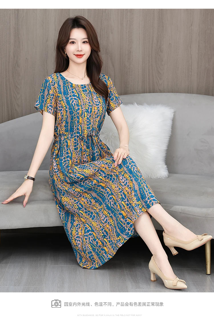 New Elegant Floral Dress  Bohemian plus Size Women Summer Short Sleeve Clothing with Large Hem for Casual Occasions