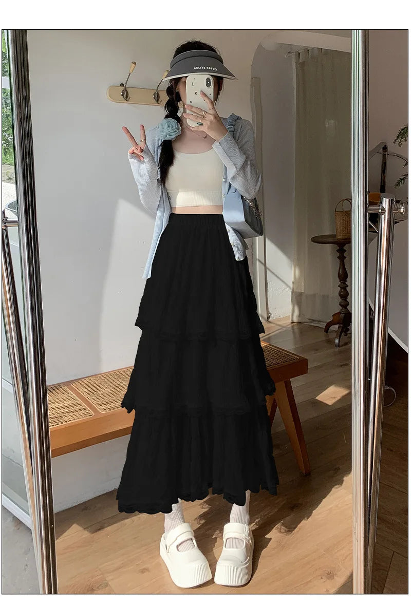 Sweet Lace Ruffles Long Skirt Women Summer Cute Puff Cake A Line Skirt Woman Korean Style High Waist White Chiffon Tulle Skirt