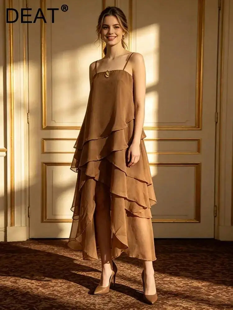 DEAT Women Spaghetti Strap Tiered Ruffle Maxi Dress Asymmetrical Hem Loose Fit Lightweight Chiffon Casual Breathable 2026 New
