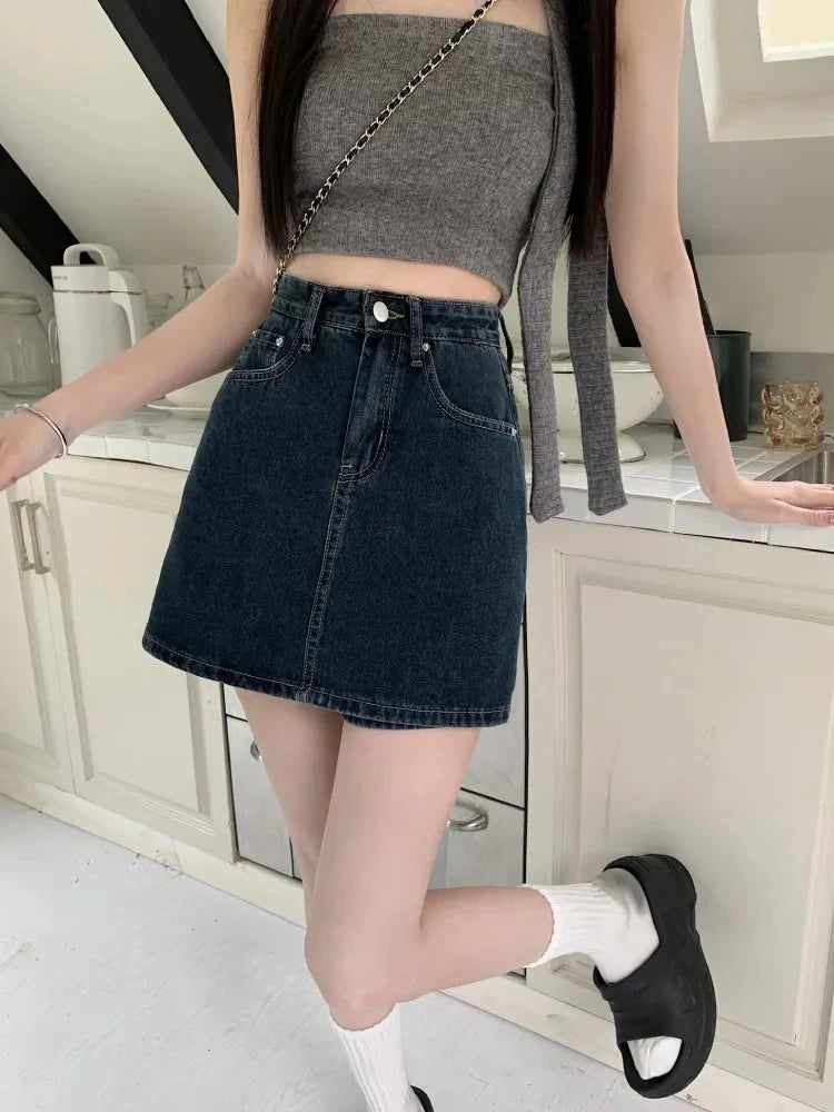 Women's Y2K High-Waist Mini Skirt Deep Blue Denim Spring Summer Slimming Flattering Wrap Around Skirt for Full Coverage