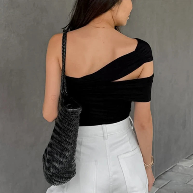Trendix Black Bodycon Crop Tops For Women's 2026 Summer Off Shoulder Tank Top Street Slim Party Sexy Asymmetric Vacation Top