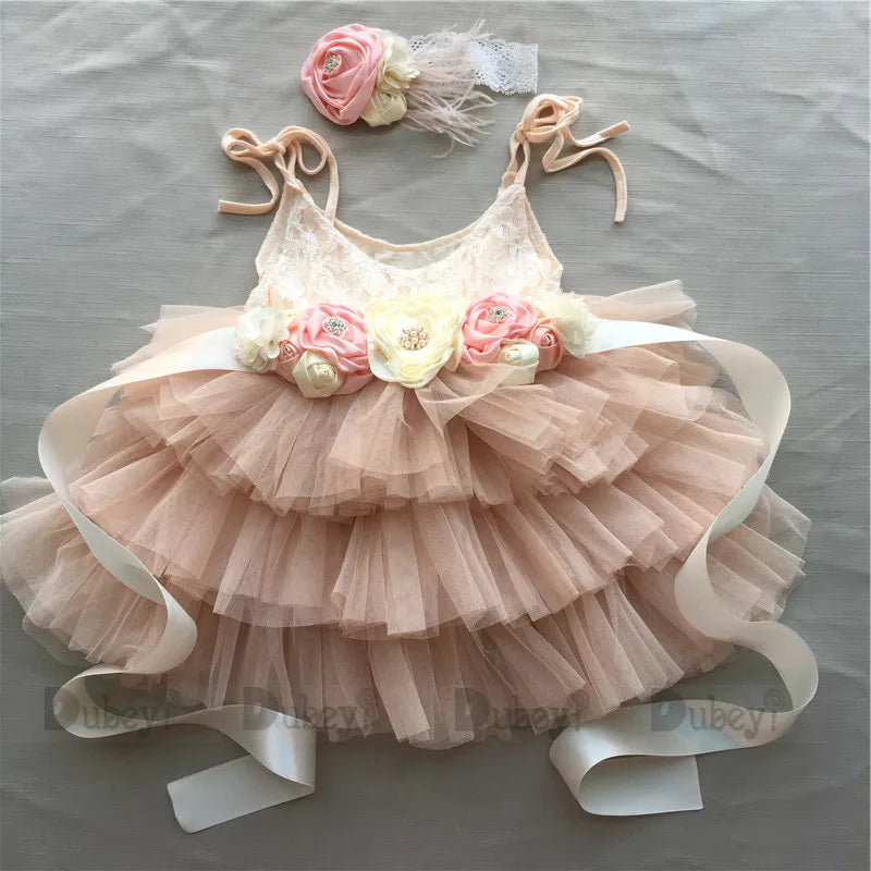 New Born Baby Girls Birthday Dress for Kids Flowers Girls Party Tutus Costume Belt Headband 3pcs Outfit Set Princess Vestidos