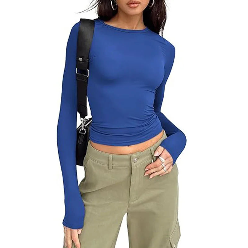 1Pcs Four Seasons Fashion Senior Women'S T-Shirt Long Sleeve Crew Neck Solid Slim Fit Tee Ladies Crop Top Daily Streetwear Camis