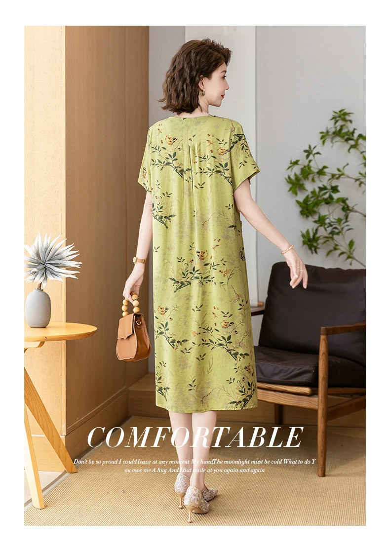 New 2025 Summer Dress Long Vintage Loose Women Elegant Sundress Dress Casual O-neck Dresses Print Plus Size