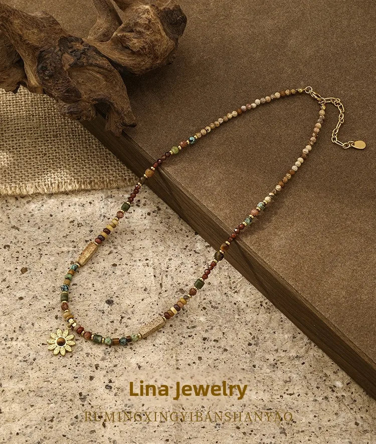 Bohemian Style Sunflower Pendant Beaded Titanium Steel Necklace Natural Stone Tibetan Silver Clavicle Chain Geometric Shape