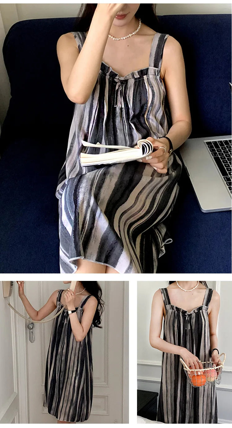Korean Version of the Girl Sweet Summer Halter Nightgown Female Bowknot Full Print Sleeveless Loose Floral Sundress Home Dress