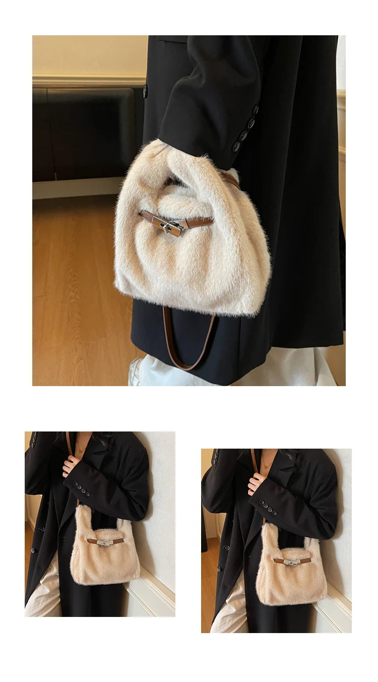 Fashionable Women's Bags Trend 2025 Faux Fur Shoulder Bags Plush Faux Mink Luxury Handbags Chic Crossbody Bag Solid Color Purses