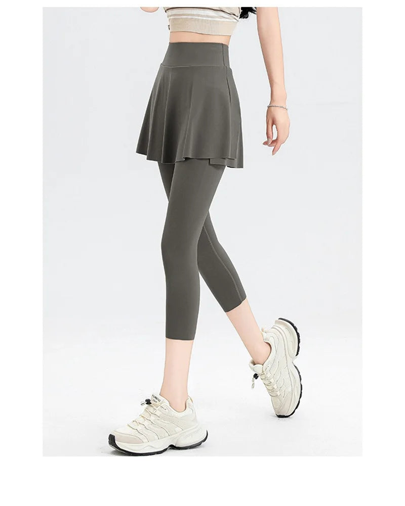 Aiithuug with Pocket Women Tennis Skirted Leggings Capris Yoga Leggings with Skirts Tennis Pickleball Clothing Cropped Leggings