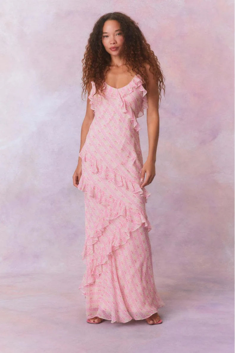 Lotus Leaf Edge French Floral Backless Dress Slim Fit Chiffon Solid Color Holiday Party Birthday Party Long Dress