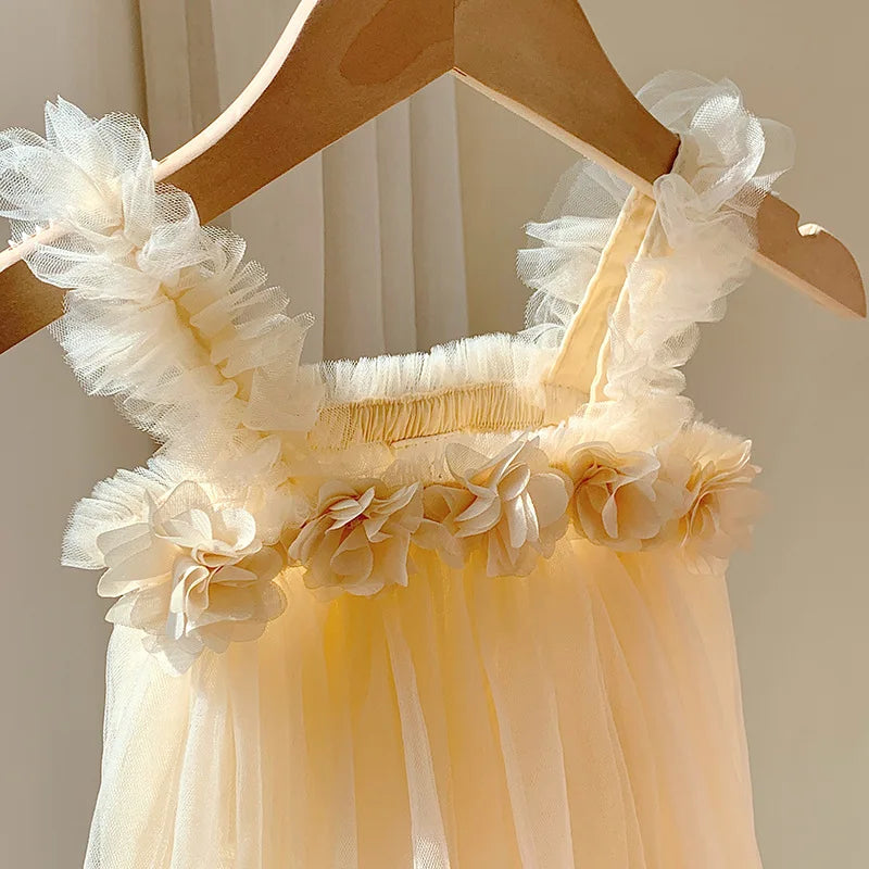 Kids Sweet Mesh Dress 1-6T Summer Children Mesh Tulle Princess Slip Tutu Dresses Girls 6 Colors 3D Flower Mermaid Birthday Dress