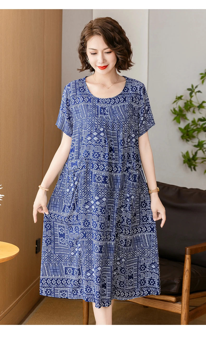 New 2025 Summer Dress Long Vintage Loose Women Elegant Sundress Dress Casual O-neck Dresses Print Plus Size