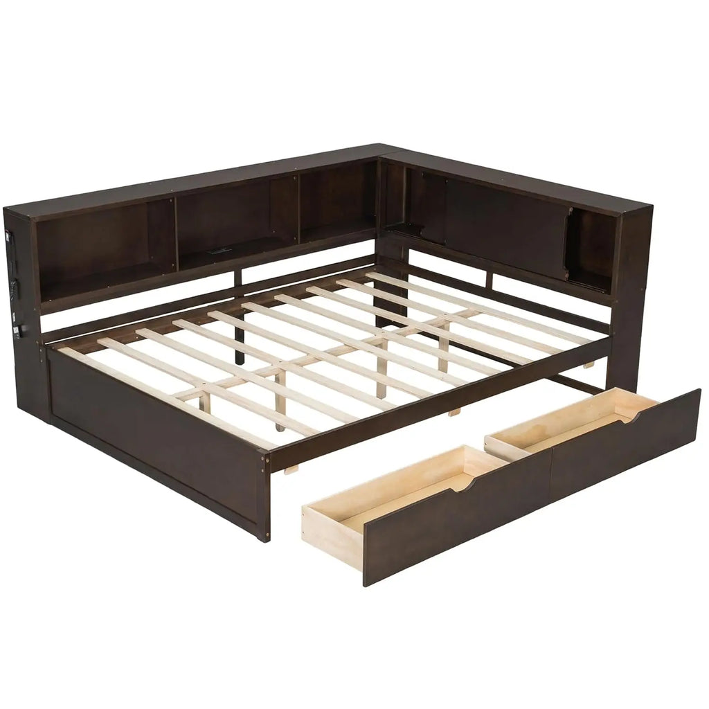 Queen Corner Bed with Storage Drawers & Bookcase, L-Shaped Daybed with LED & USB, Wood Frame for Living Room Bedroom, Customized