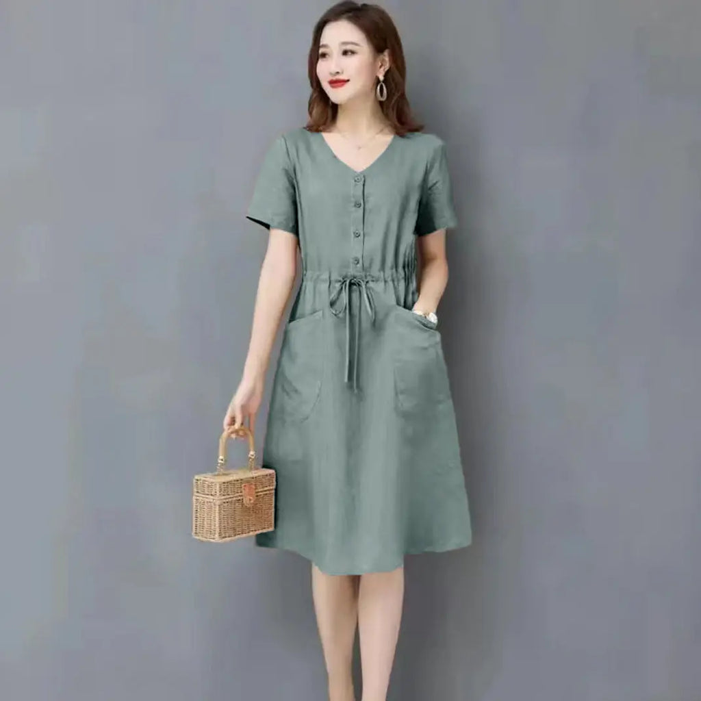 Elegant Cotton and Linen Women's Dress Draw String High Waist Breathable Midi Dresses Half Sleeve V-Neck A-Line Dress Summer