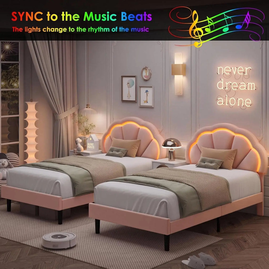 Girls Twin Upholstered LED Bed Frame with Adjustable Petal Headboard, Pink